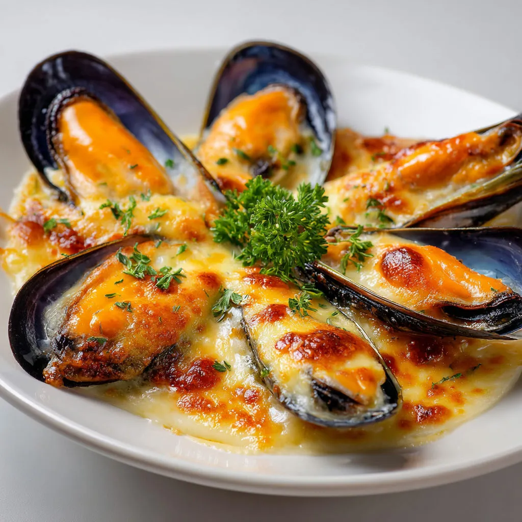 Moules gratinées à la crème et fromage doré