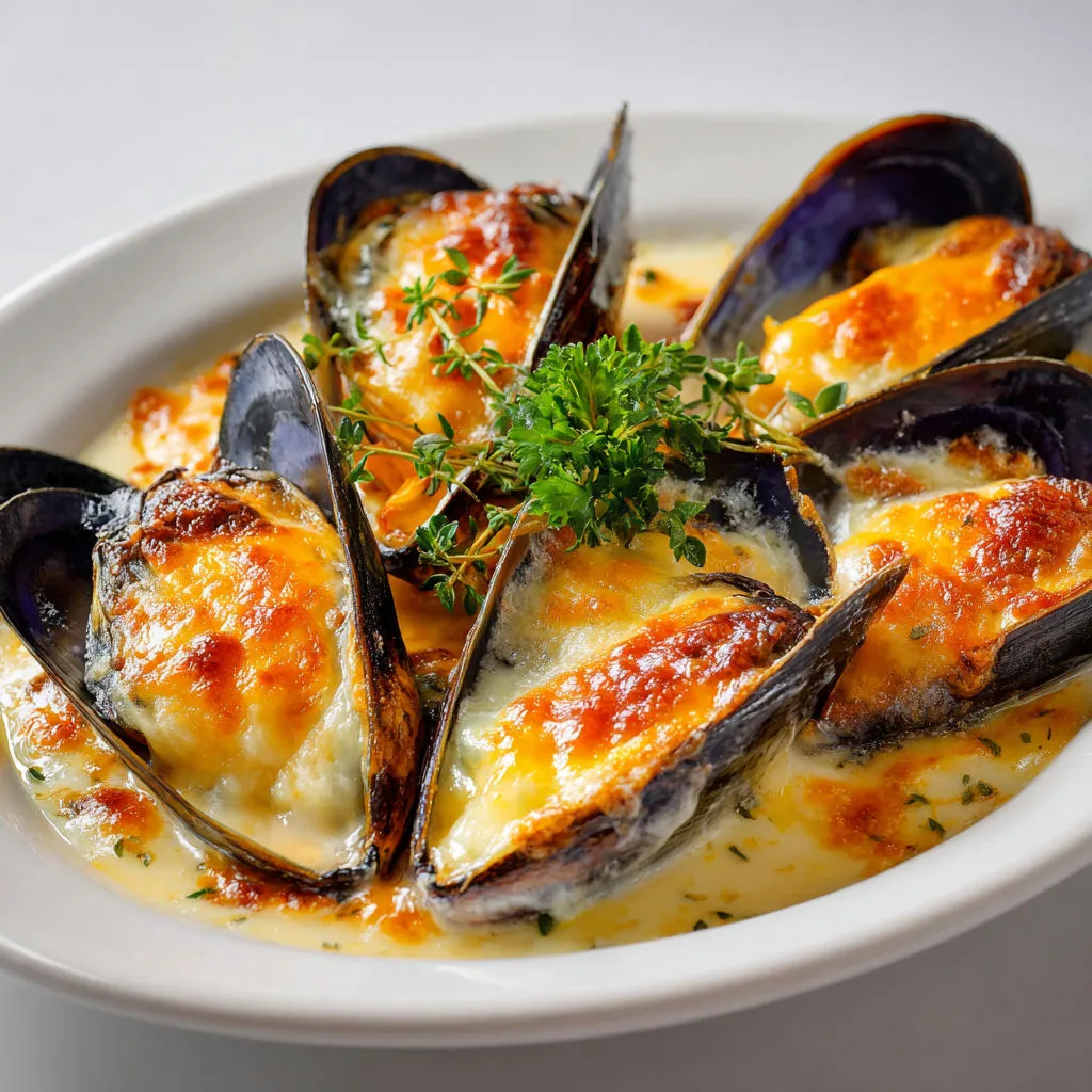 Moules passées au four dans une sauce bien crémeuse et un dessus fondant.