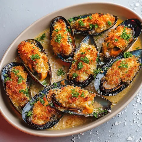 Moules fondantes au parmesan avec chapelure croustillante.
