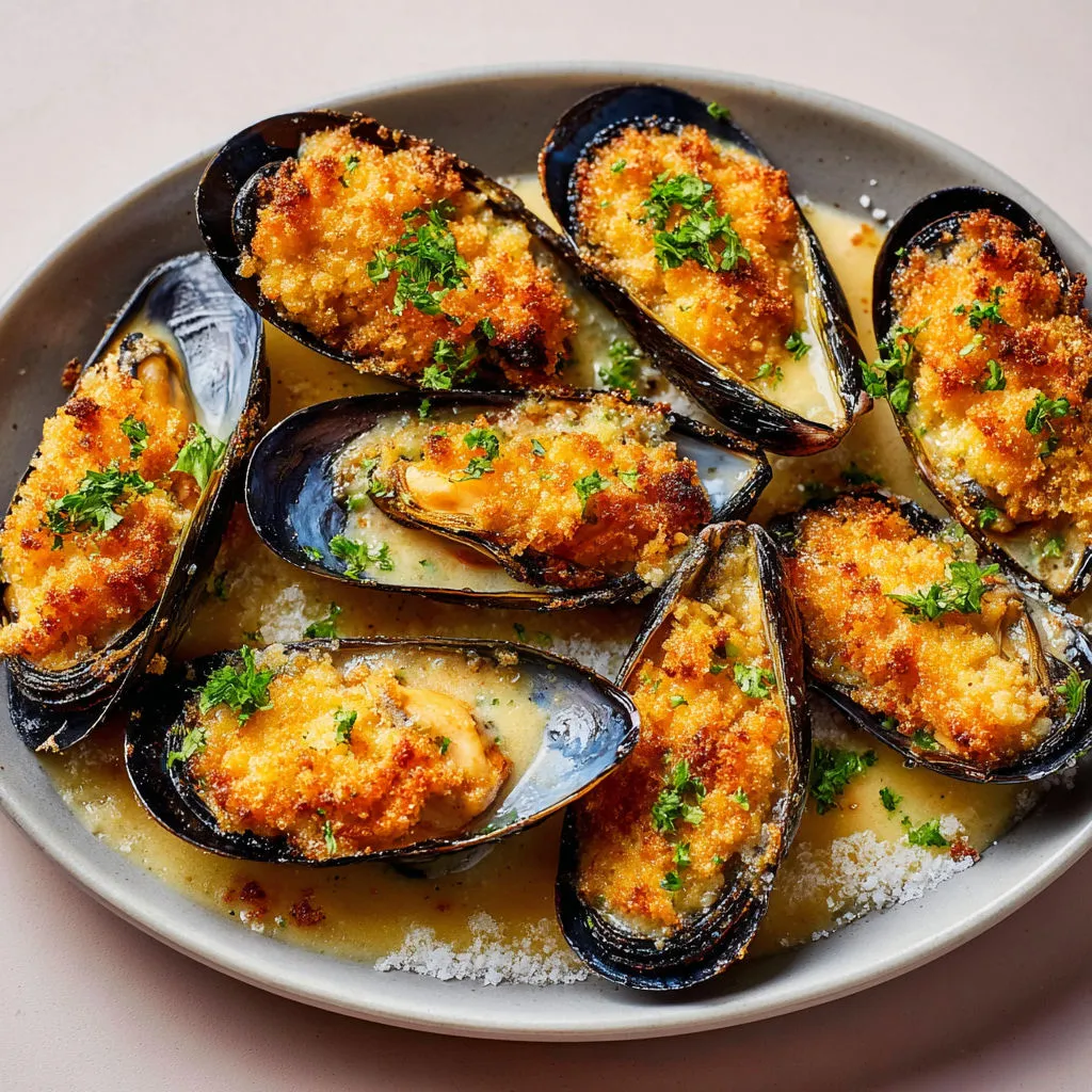 Moules au parmesan bien croustillantes et dorées.