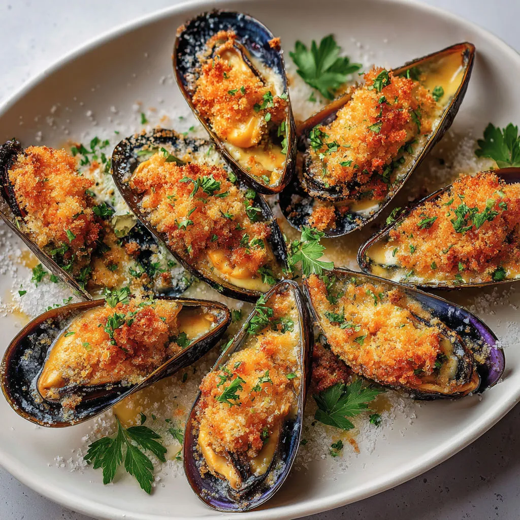 Moules dorées à la chapelure et beurre persillé, bien appétissantes.