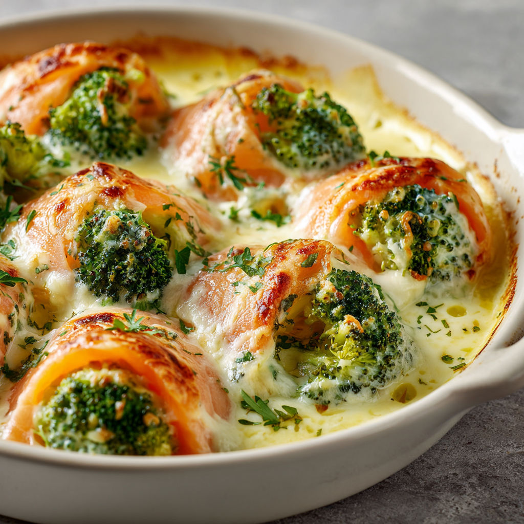 Gratin crémeux saumon fumé brocolis.