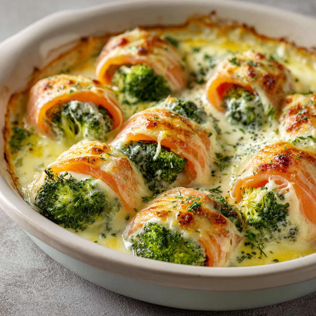 Roulés saumon fumé brocoli sauce crémeuse.