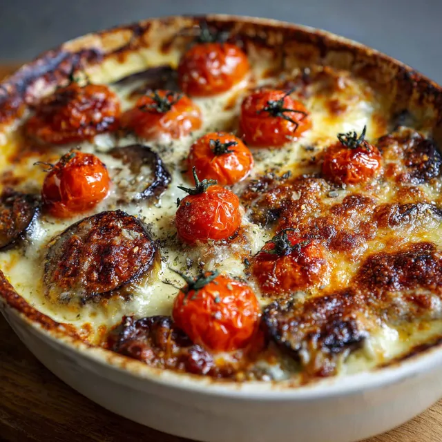Plat appétissant d’aubergines gratinées avec des tomates et une sauce béchamel.