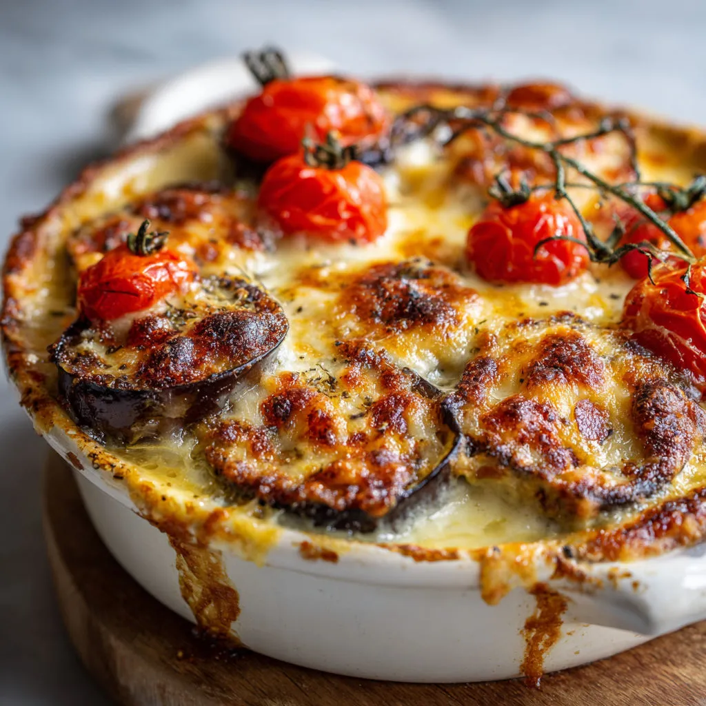 Gratin super fondant aubergines et tomates à la sauce blanche.