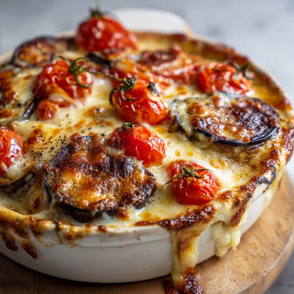 Aubergines rôties sauce blanche et croûte gratinée.