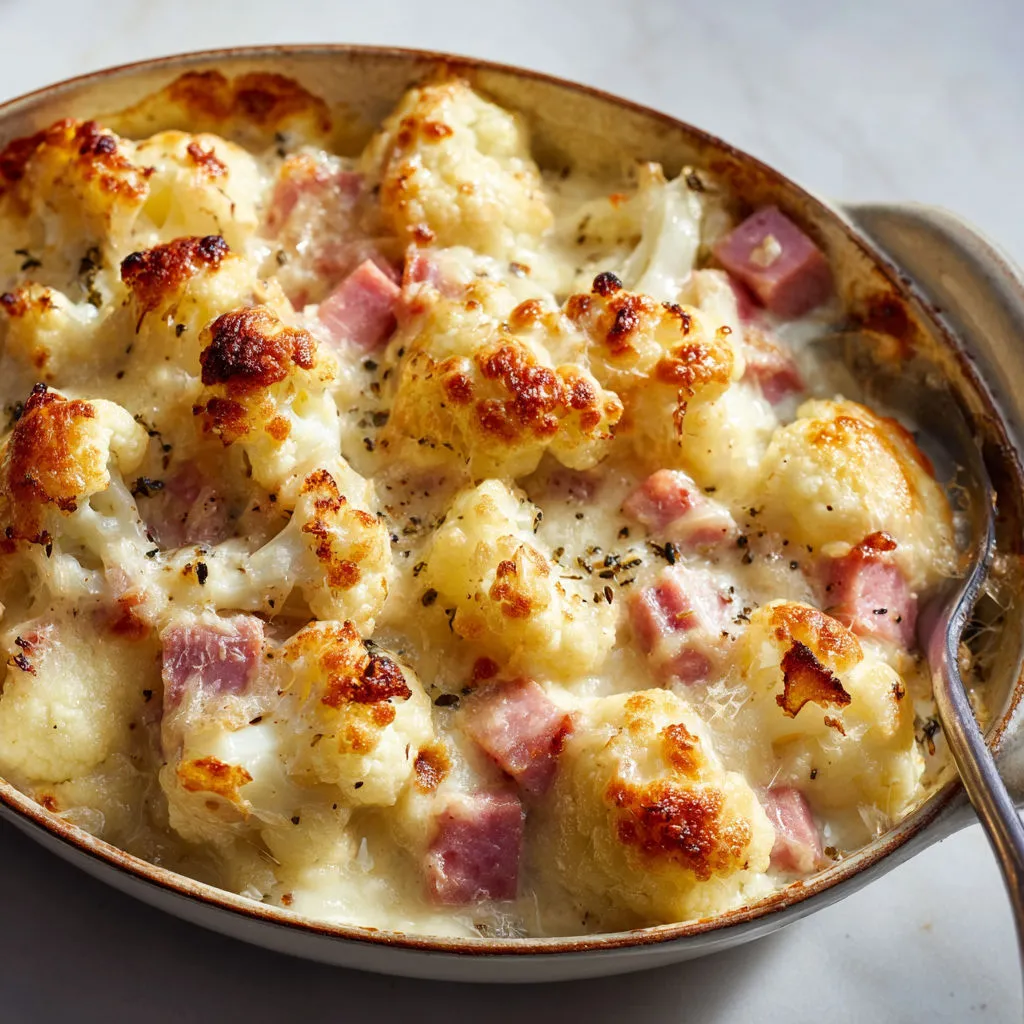 Plat de chou-fleur doré avec jambon au fromage.
