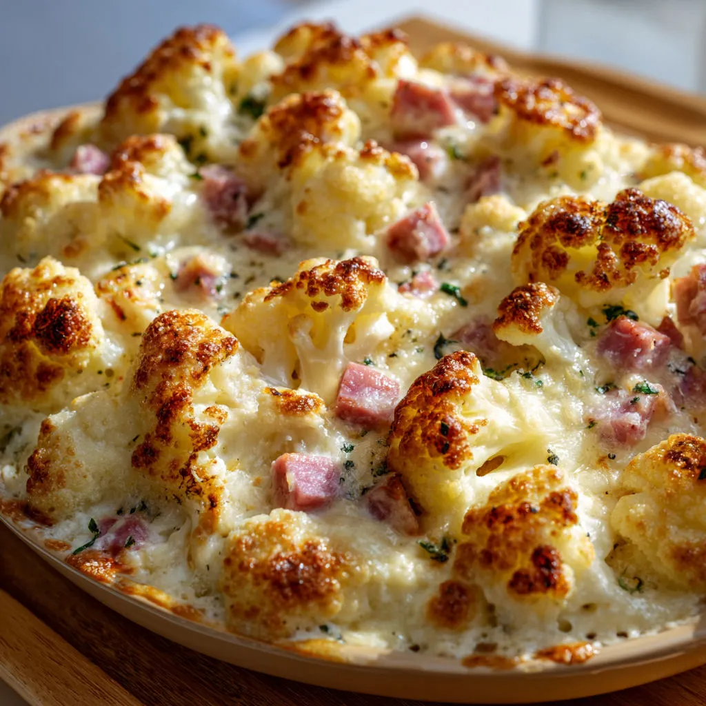 Chou-fleur et jambon tout dorés gratinés.