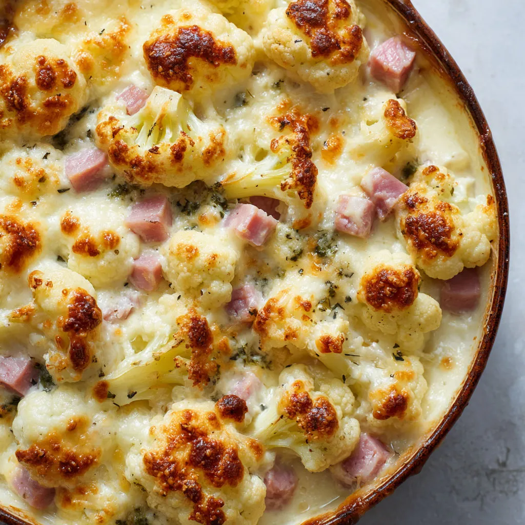 Chou-fleur doux et jambon fondant sous le fromage.