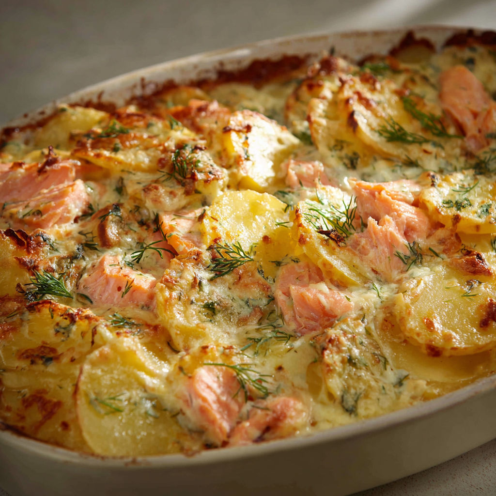 Un plat généreux de pommes de terre et saumon gratinés à l’aneth.
