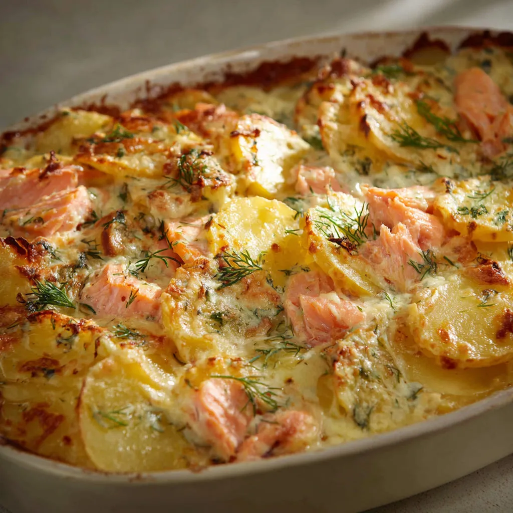 Un plat généreux de pommes de terre et saumon gratinés à l’aneth.