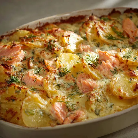 Un plat généreux de pommes de terre et saumon gratinés à l’aneth.