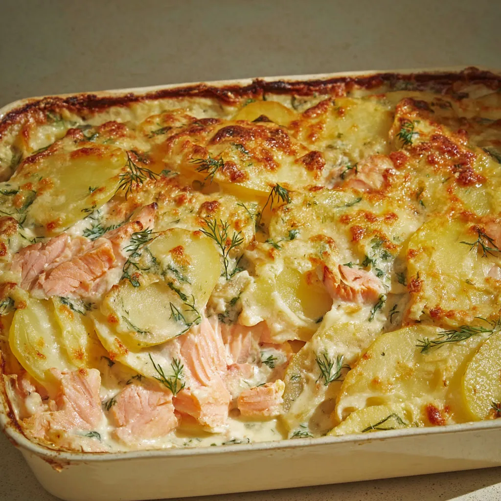 Gratin au saumon et pommes de terre, garni d’herbes fraîches et légumes, dans un plat acier.