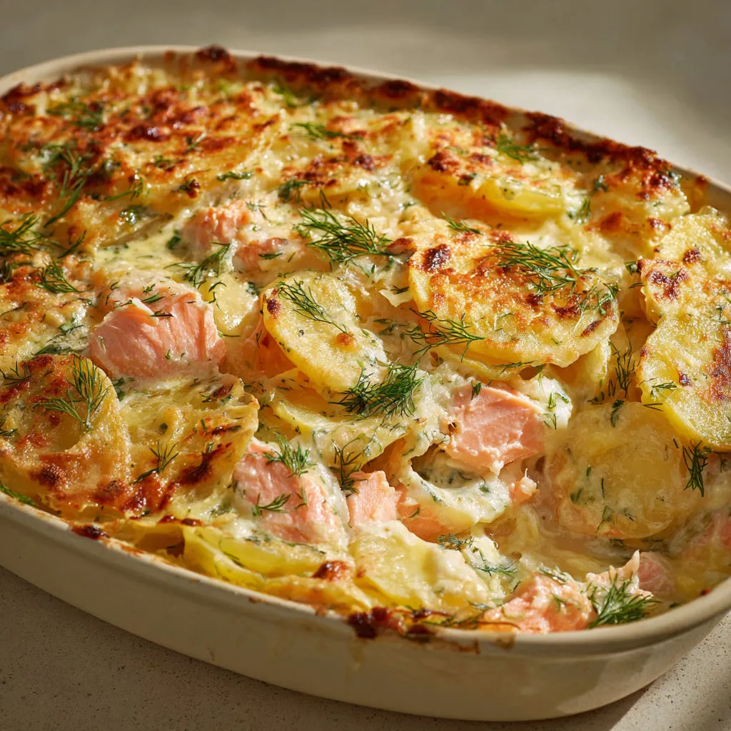 Gratin au saumon et pommes de terre, garni d’herbes fraîches et légumes, dans un bol céramique.