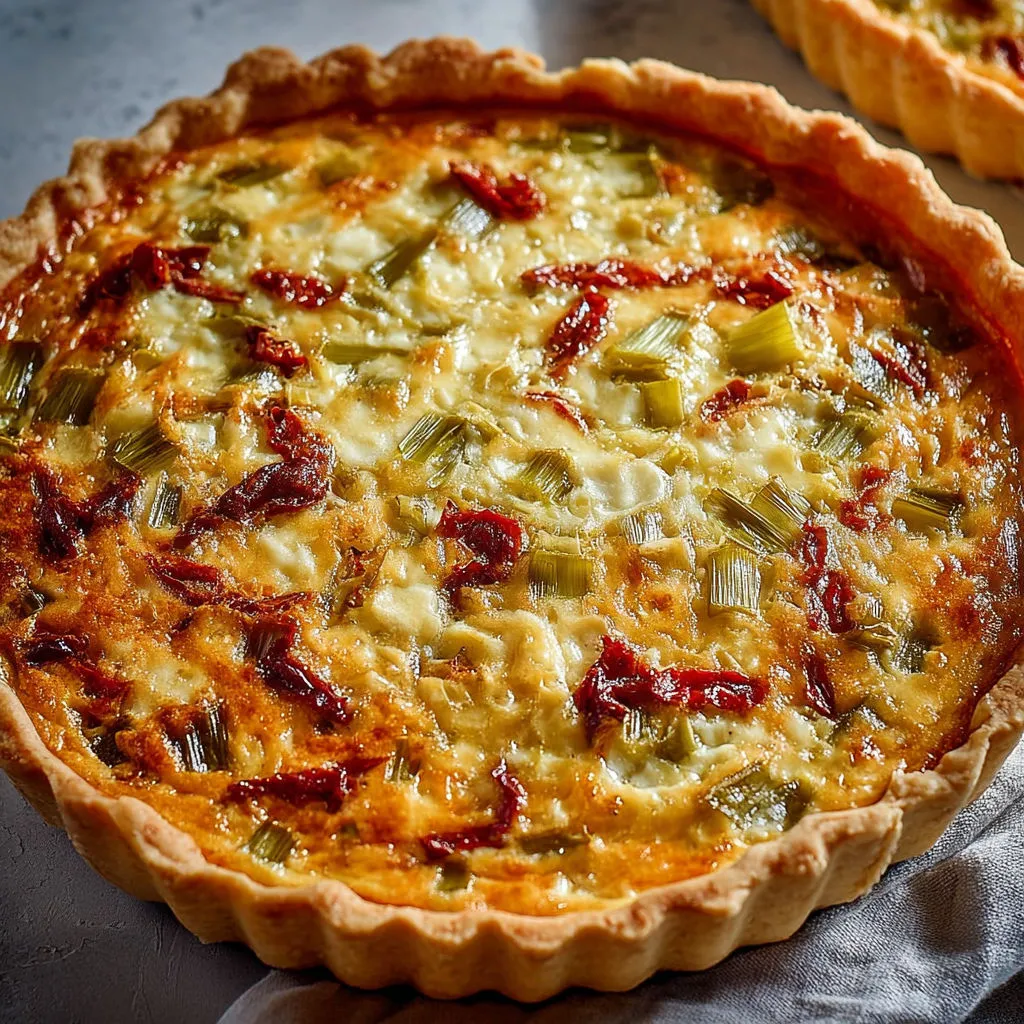 Une tarte aux poireaux, fromage crémeux et tomates est servie à table.