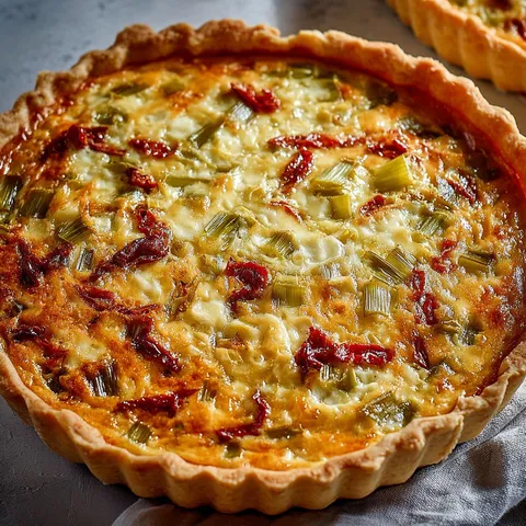 Une tarte aux poireaux, fromage crémeux et tomates est servie à table.