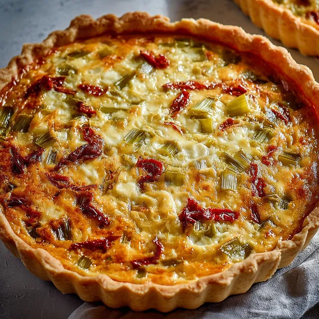Une tarte aux poireaux, fromage crémeux et tomates est servie à table.