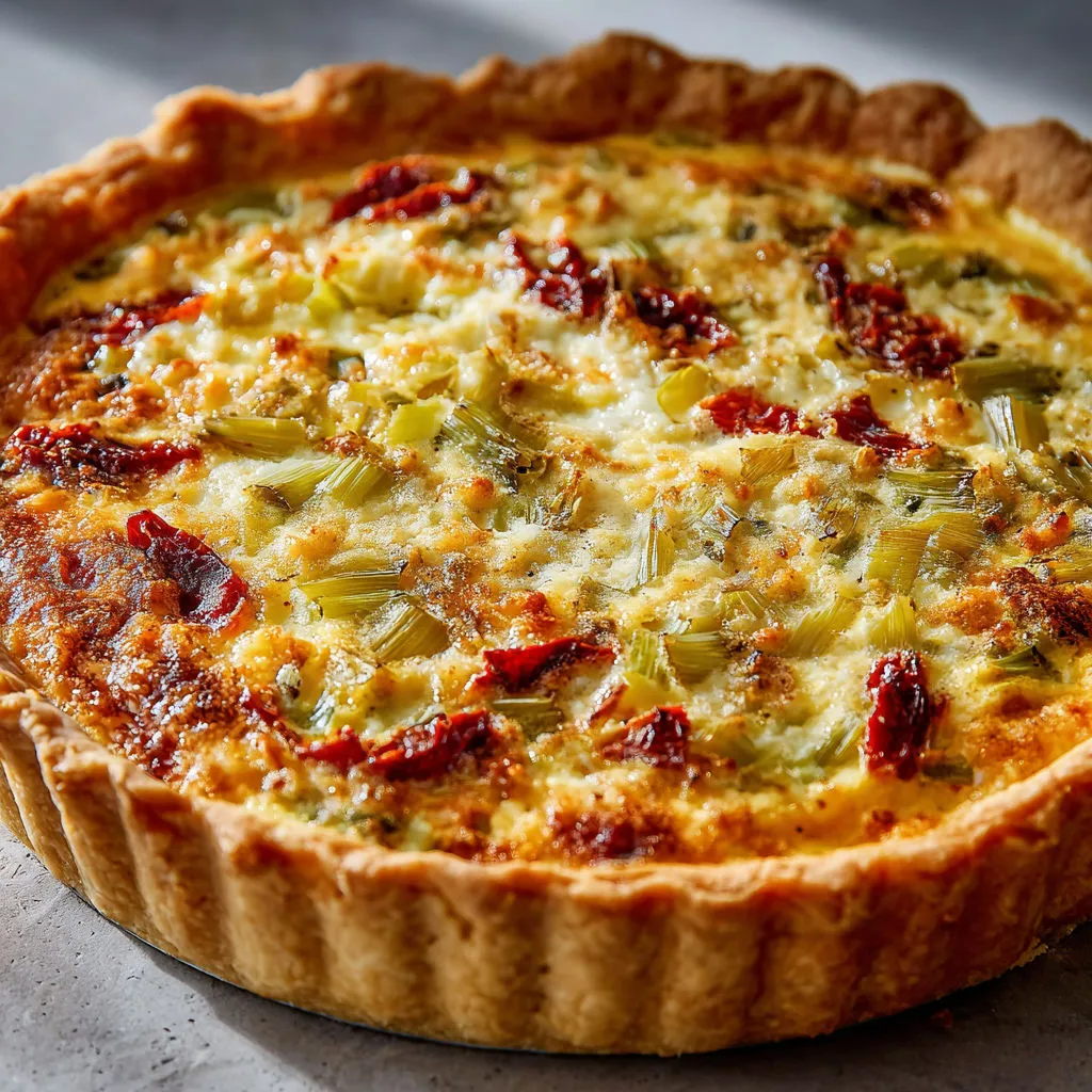 Quiche poireaux-fromage-tomates séchées, dorée et appétissante