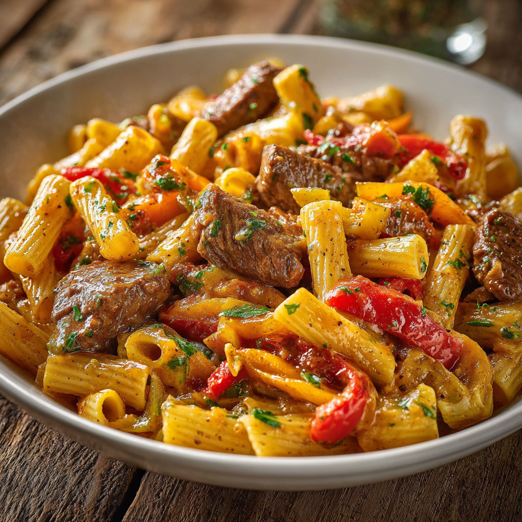Assiette généreuse de pâtes au bœuf et trio de poivrons sur une table en bois.