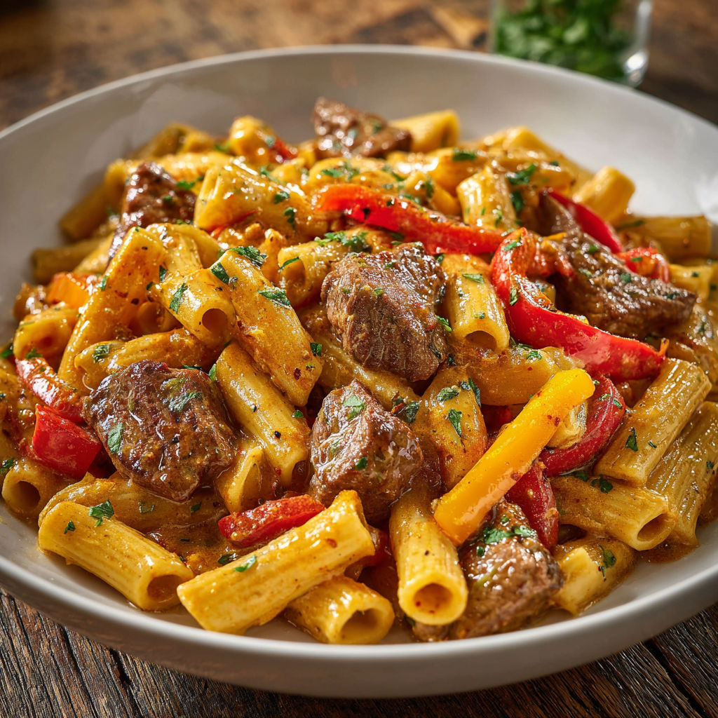 Pâtes au bœuf sauté avec poivrons tricolores