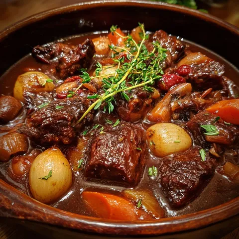 Une présentation gourmande avec morceaux de sanglier en sauce, légumes et herbes fraîches.