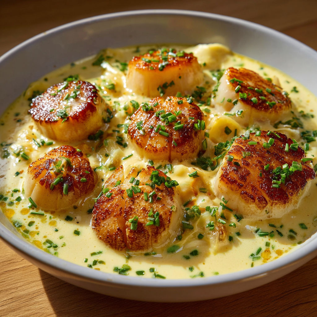 Des Saint-Jacques nappées de sauce normande crémeuse avec des herbes fraîches.