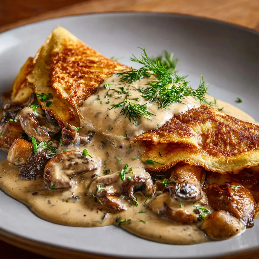 Pancakes dorés avec sauce crémeuse et herbes fraîches.
