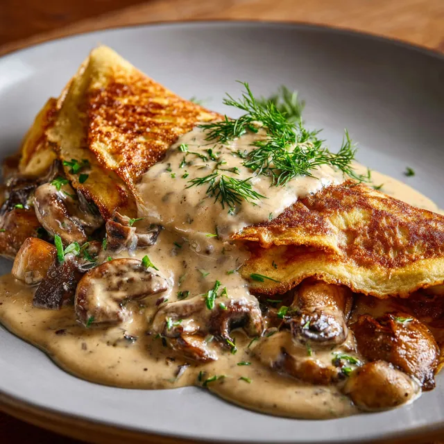 Pancakes dorés avec sauce crémeuse et herbes fraîches.