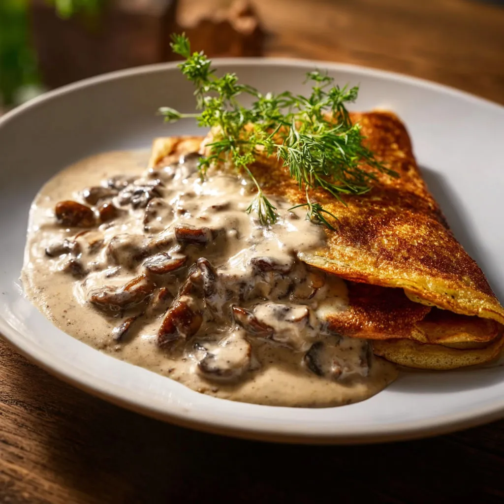 Assiette de pancakes nappés de crème aux champignons.