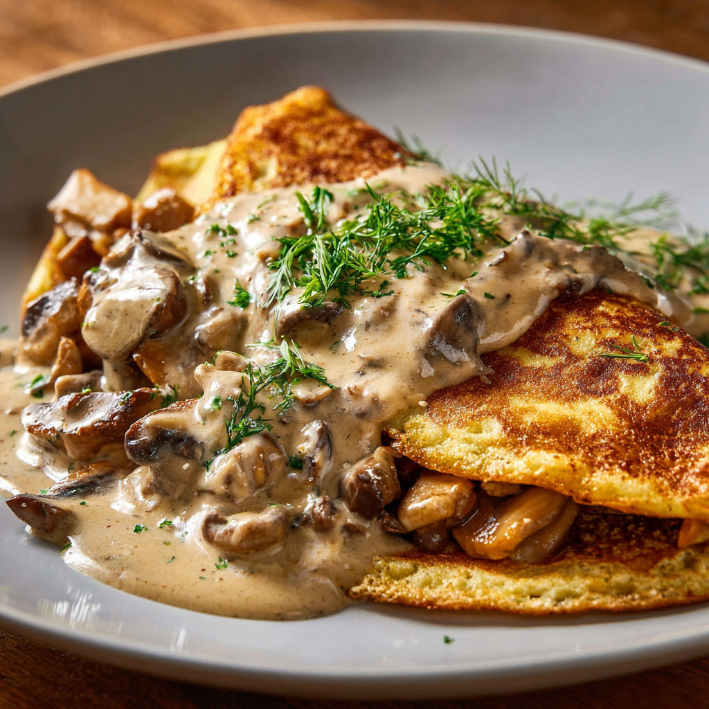 Assiette de crêpes aux champignons, saupoudrée d’herbes et de sauce sur la table.