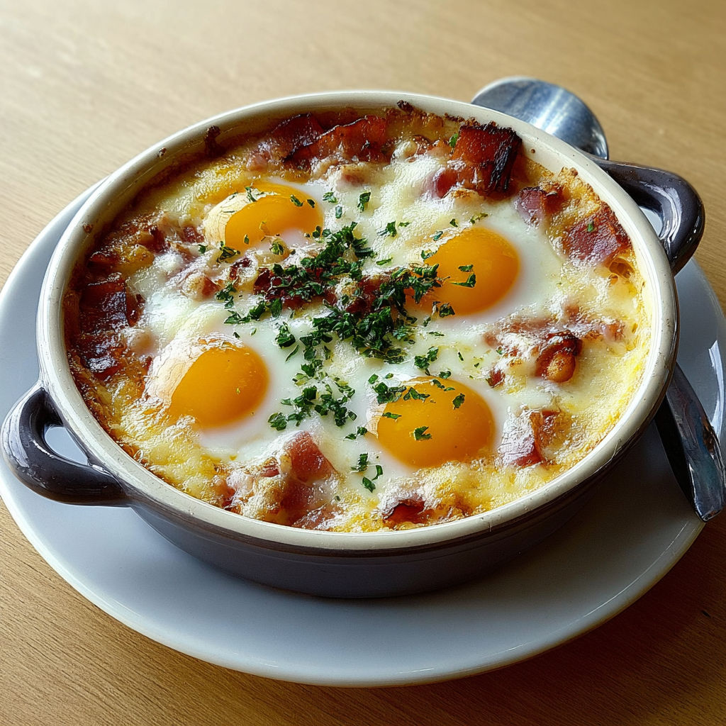 Des œufs cuits au four avec lardons et fromage sur une table conviviale.