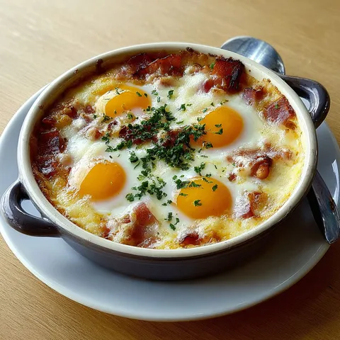 Des œufs cuits au four avec lardons et fromage sur une table conviviale.