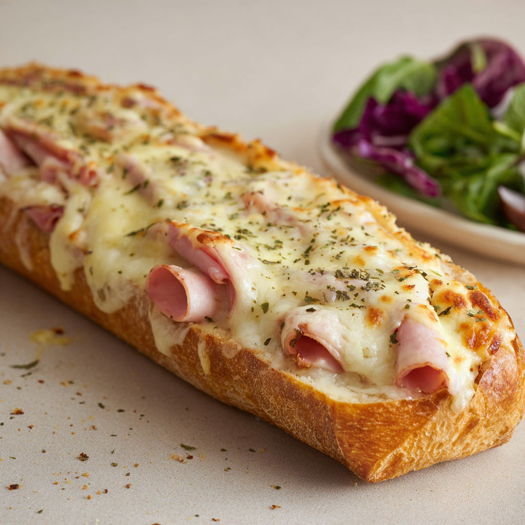 Baguette savoureuse garnie de jambon de poulet fondant et fromage.