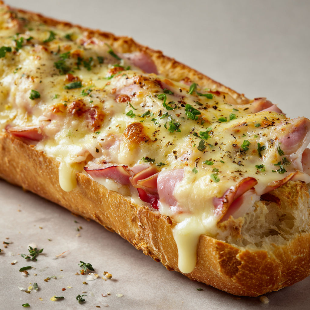 Une baguette gratinée au jambon de poulet et au fromage.