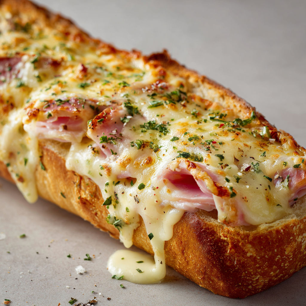 Une part de baguette gratinée au jambon de poulet et au fromage.