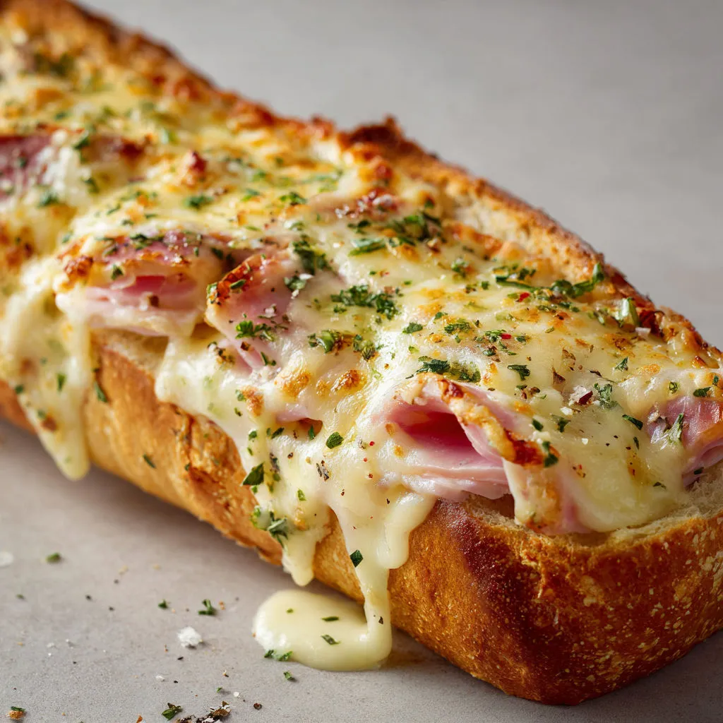 Une part de baguette gratinée au jambon de poulet et au fromage.