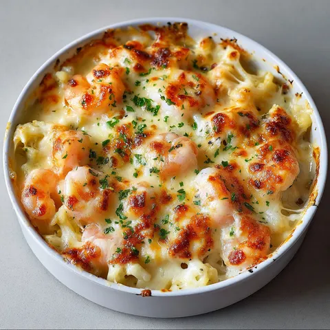 Une belle assiette de gratin avec crevettes, pétoncles et chou-fleur.