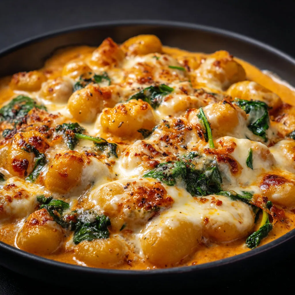 Gratin réconfortant de gnocchis au potimarron et fromage coulant.