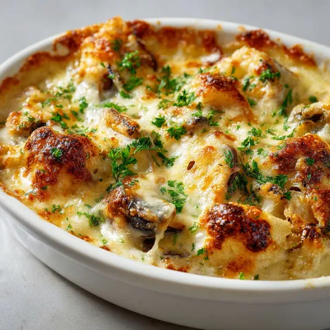 Plat gratiné mélangeant poisson blanc et moules, servi dans une jolie cassolette blanche.