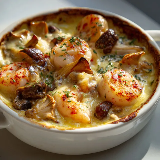 Saint-Jacques et Gambas aux Girolles avec Sauce au Noilly Prat.