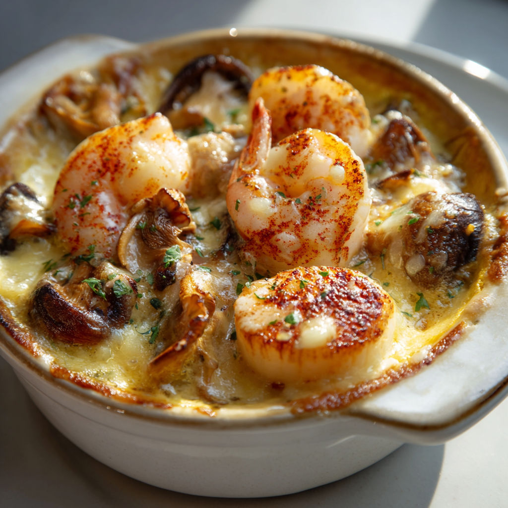 Cassolettes de Saint-Jacques et Gambas aux Girolles.