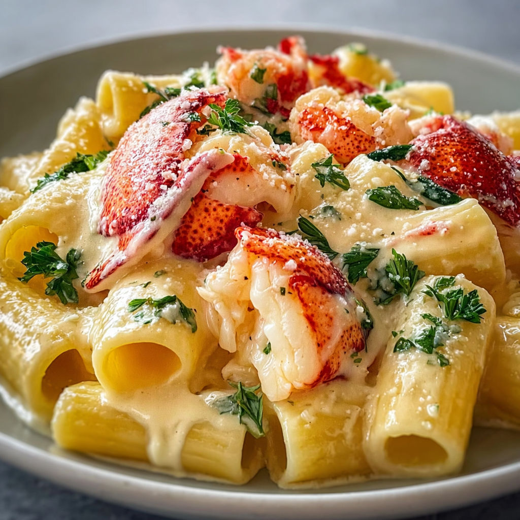 Rigatoni en sauce onctueuse au homard et parmesan.