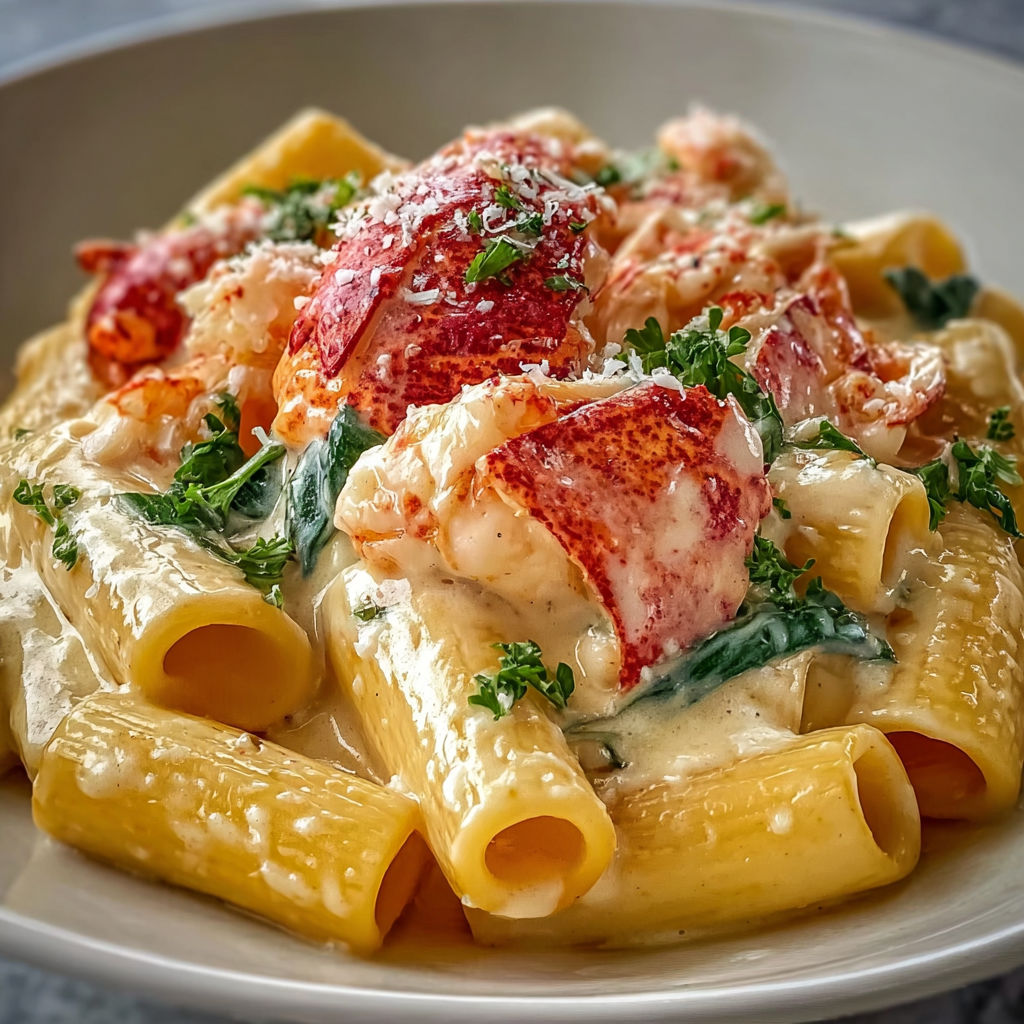 Rigatoni et Homard à la crème de parmesan.