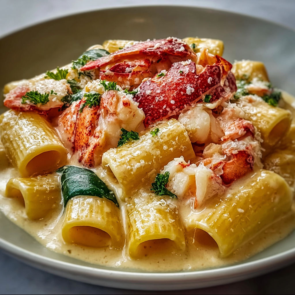 Rigatoni ultra gourmands au homard et sauce parmesan.