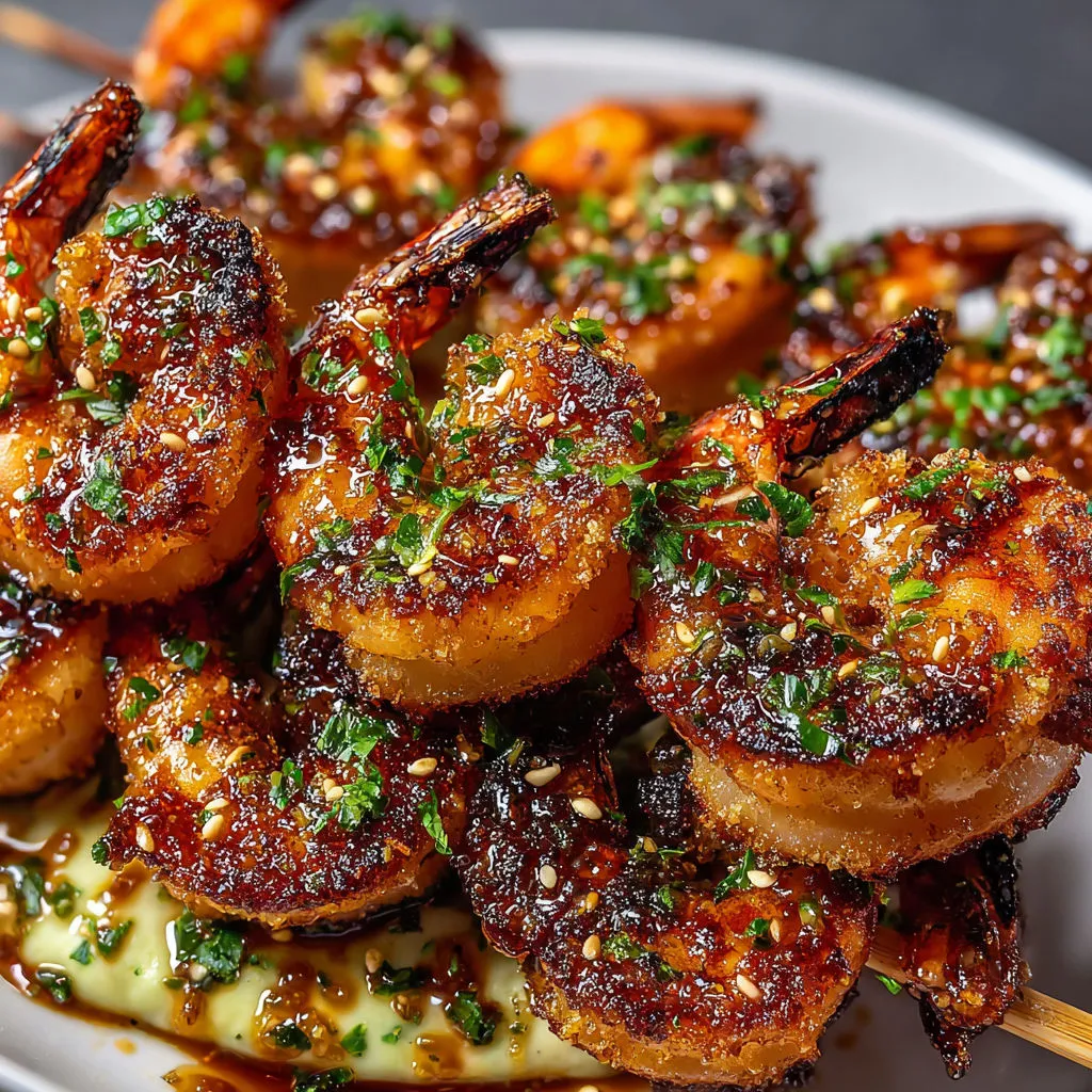 Brochettes de crevettes croustillantes prêtes à être dégustées, dorées et savoureuses.
