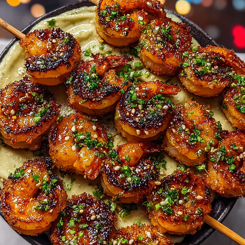 Brochettes dorées de crevettes marinées, hyper croustillantes et gourmandes.