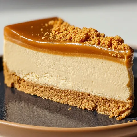Portion de gâteau froid aux spéculoos et crème onctueuse présenté sur un plat.