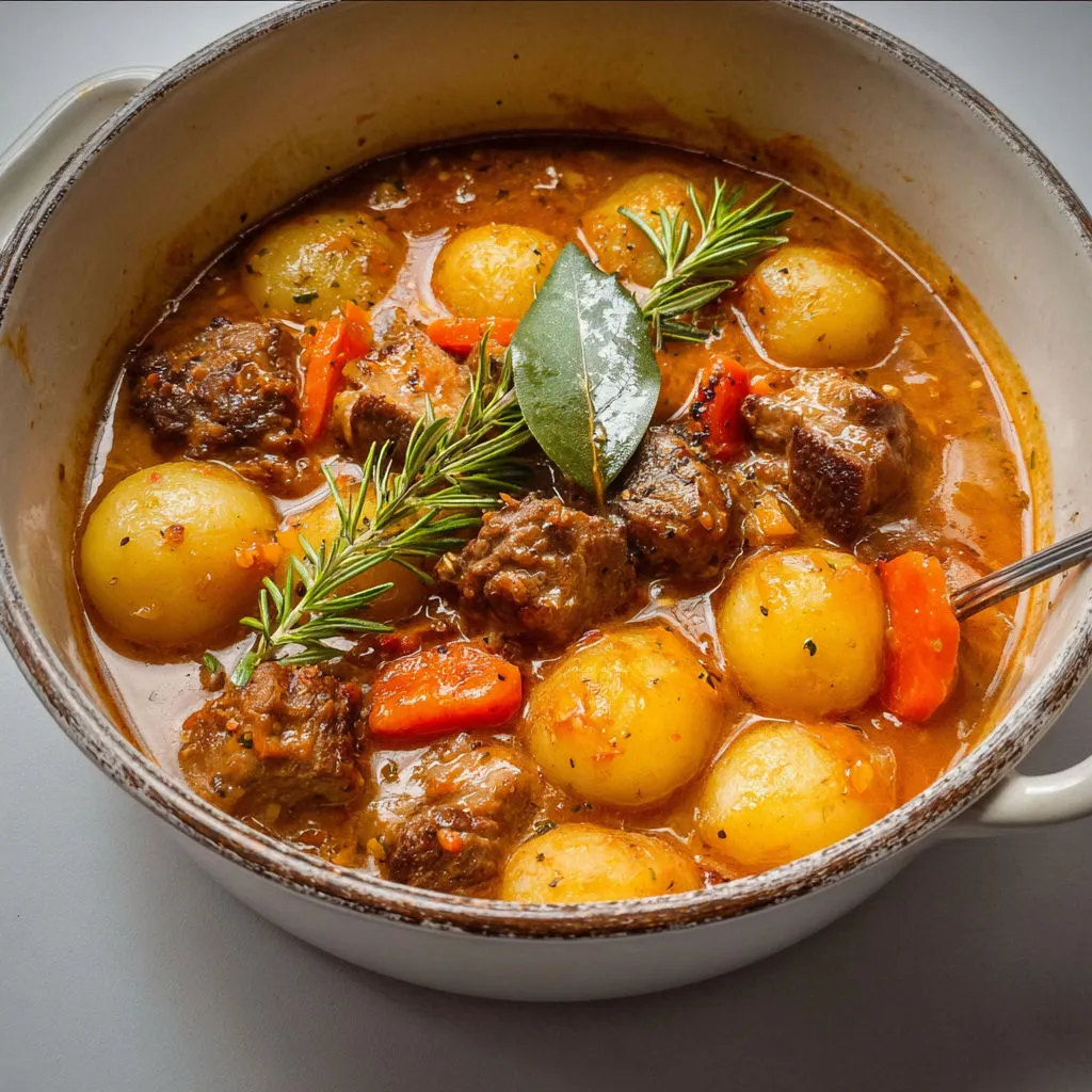 Agneau mijoté avec carottes et pommes de terre, un plat familial délicieux.