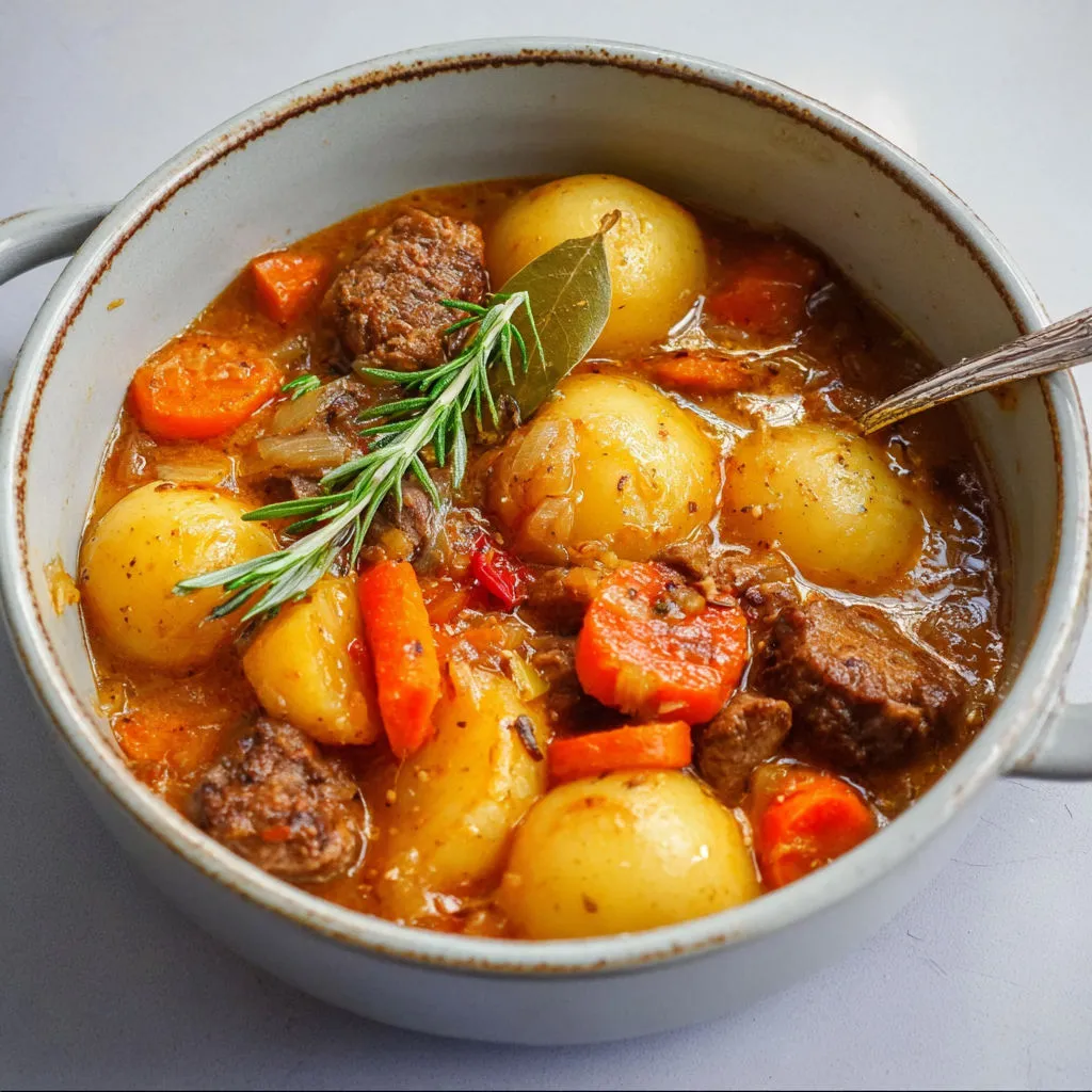 Cocotte d’agneau et légumes fondants, parfum romarin et beaux morceaux de pommes de terre et carottes.