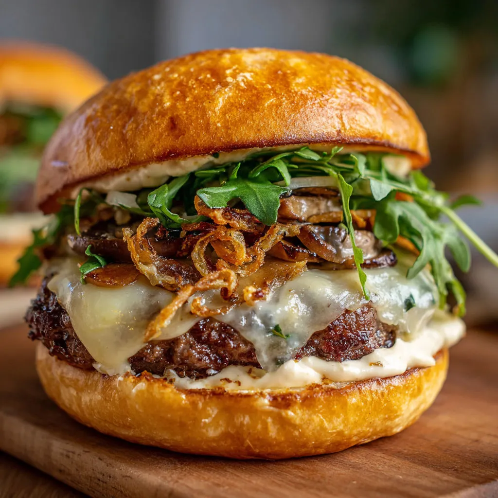 Un burger appétissant aux couleurs d’automne avec du fromage et des légumes frais.